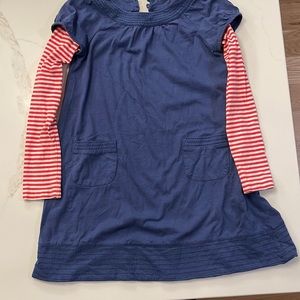 Mini Boden- Girls size-7-8, blue dress w/ red and white striped sleeves